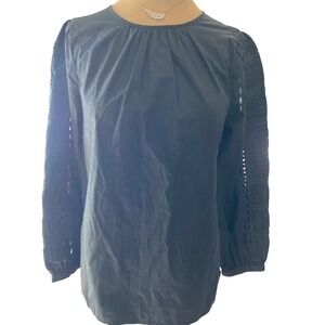 J. Crew black cotton long sleeve blouse cut out lace sleeve dressy SM NWOT